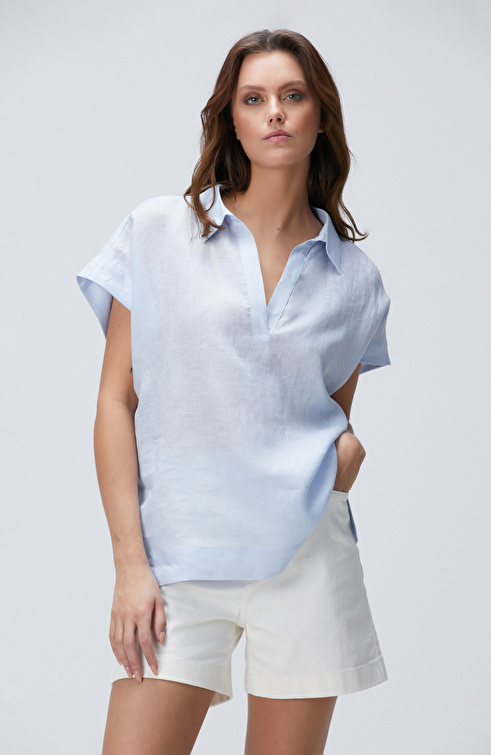 Açık Mavi Keten Bluz