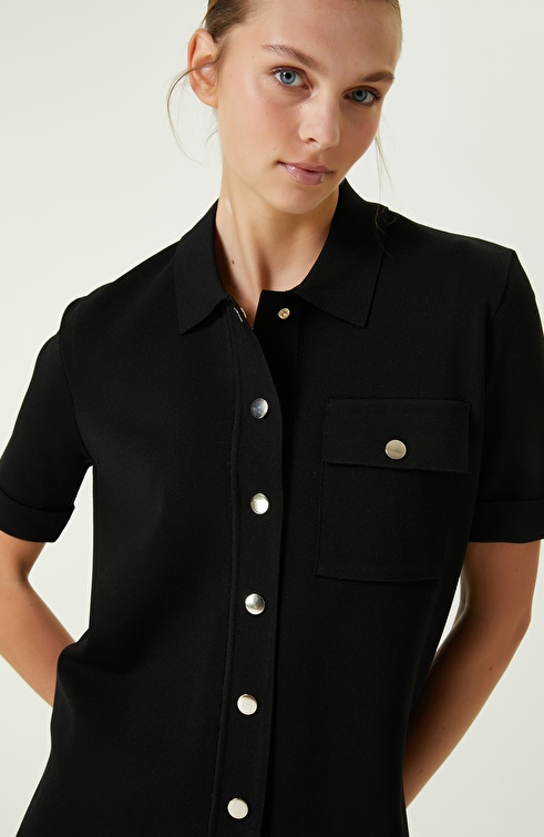 NETWORK - Siyah Gömlek Yaka Kısa Kollu Triko Ceket