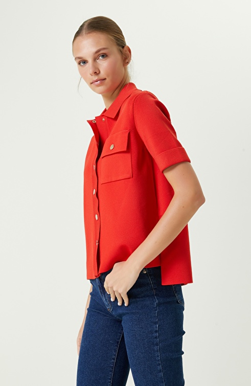 NETWORK - Kırmızı Gömlek Yaka Kısa Kollu Triko Ceket