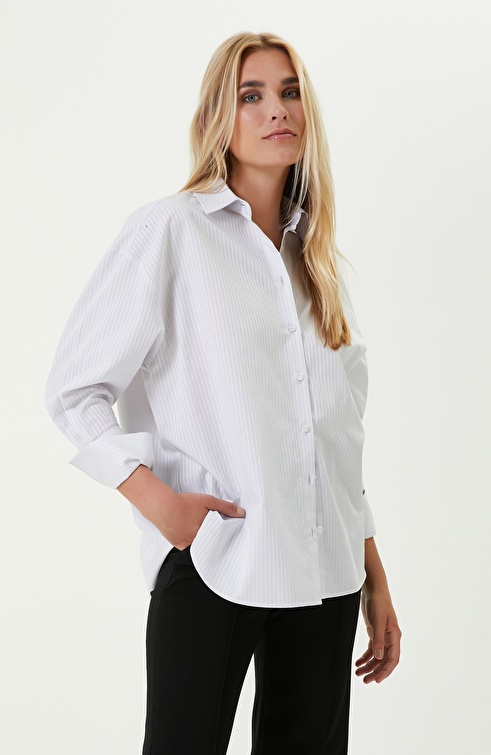 NETWORK - Uzun Kollu Çizgili Beyaz Gömlek