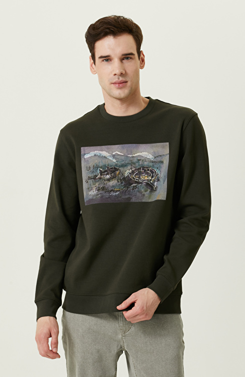 Nakışlı Haki Bisiklet Yaka Sweatshirt