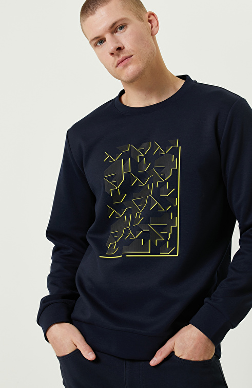 N-Tech Lacivert Bisiklet Yaka Baskılı Sweatshirt