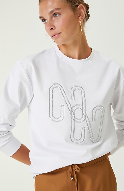 NETWORK - Optik Beyaz Pamuklu Nakışlı Sweatshirt
