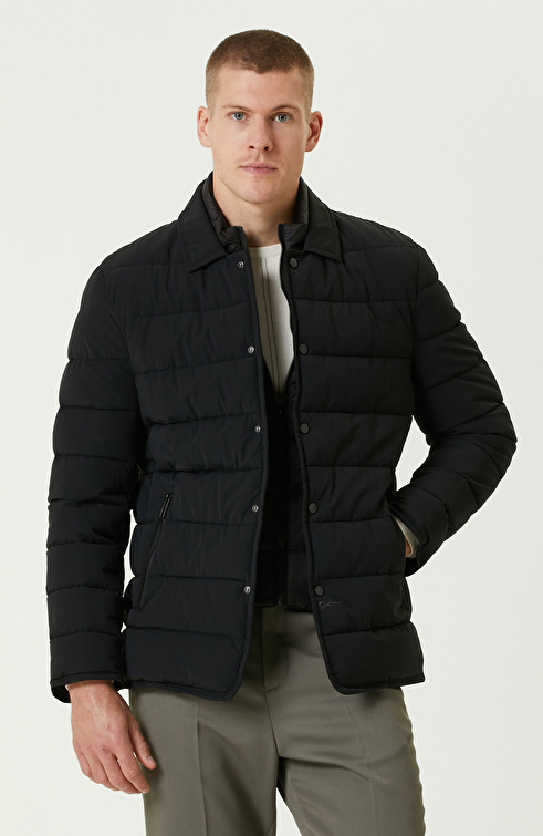 Siyah Çıkma Mostralı Puffer Coat Ceket