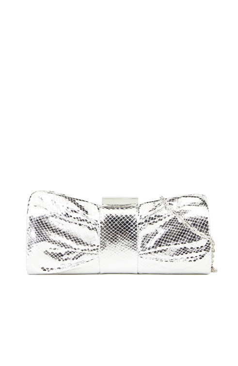 Gümüş Yılan Baskılı Kadın Clutch