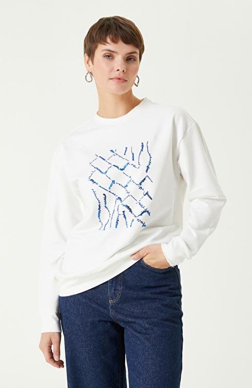 Kırık Beyaz Payetli Sweatshirt