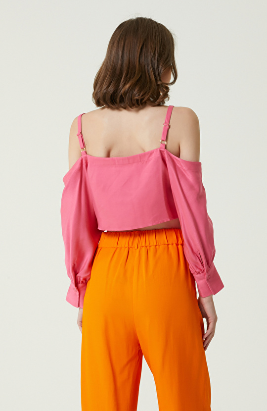 Pembe Omzu Açık Crop Bluz