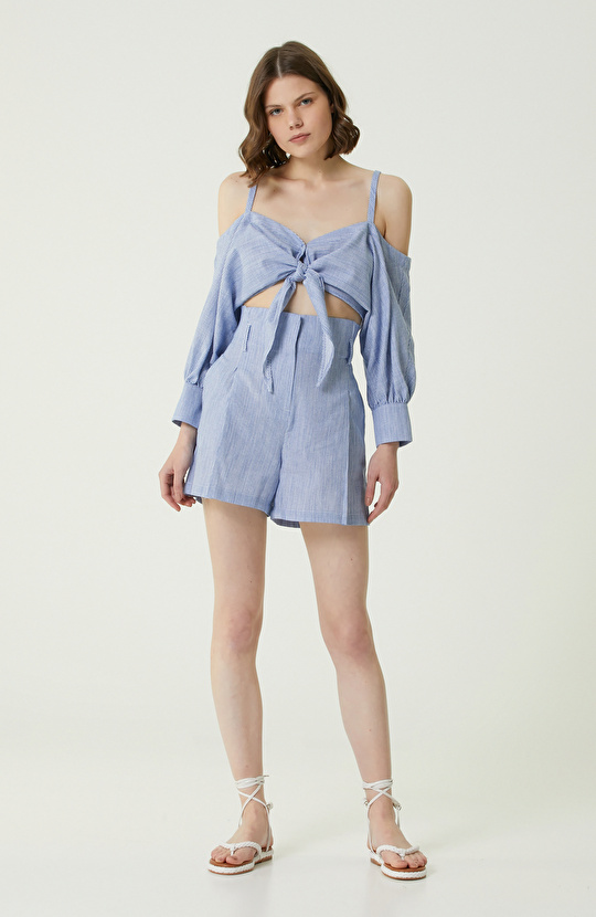 Mavi Beyaz Çizgili Cropped Bluz