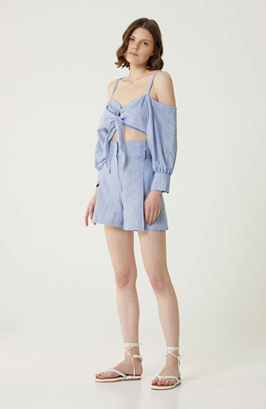 Mavi Beyaz Çizgili Cropped Bluz