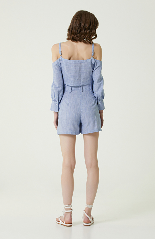 Mavi Beyaz Çizgili Cropped Bluz