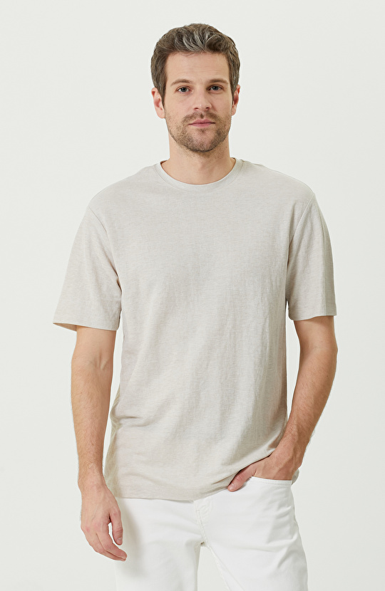 Bej Kısa Kollu Bisiklet Yaka T-Shirt