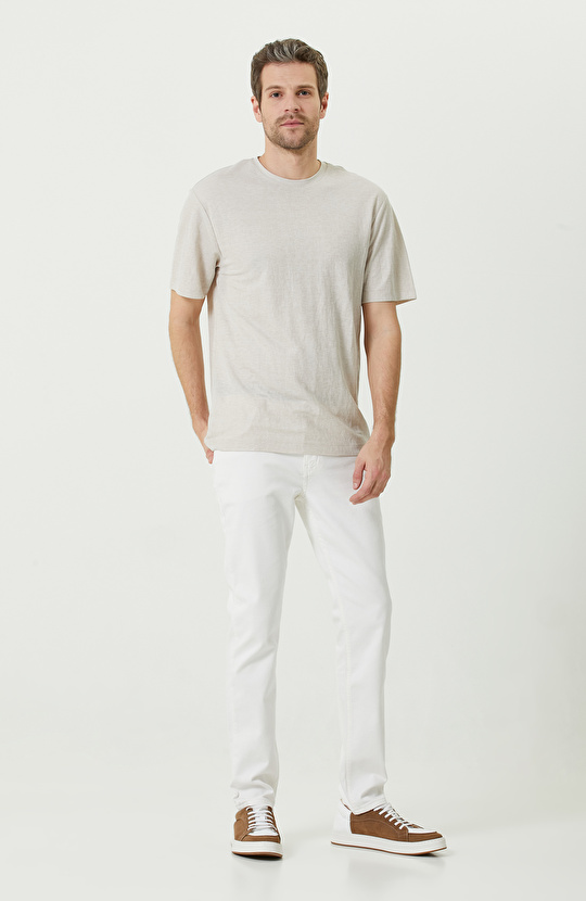 Bej Kısa Kollu Bisiklet Yaka T-Shirt