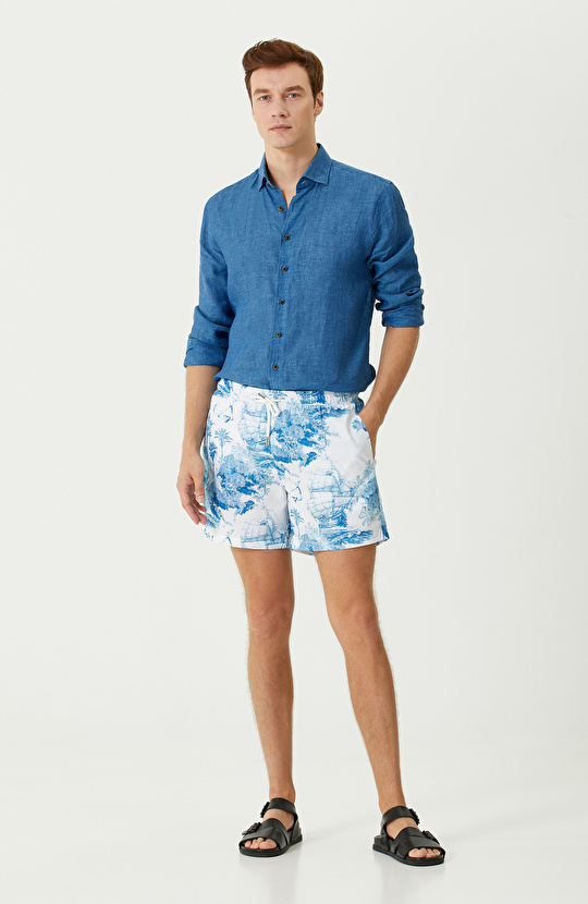 Mavi Beyaz Yelken Desenli Şort Mayo