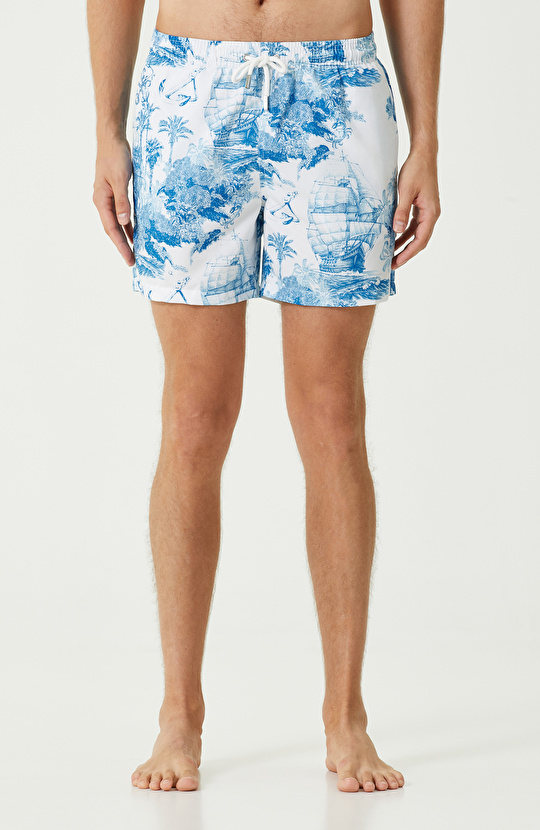 Mavi Beyaz Yelken Desenli Şort Mayo