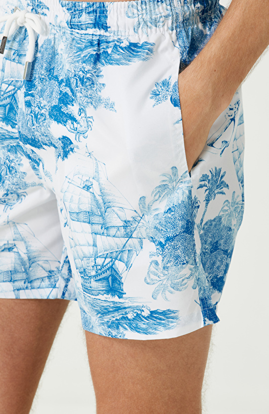 Mavi Beyaz Yelken Desenli Şort Mayo