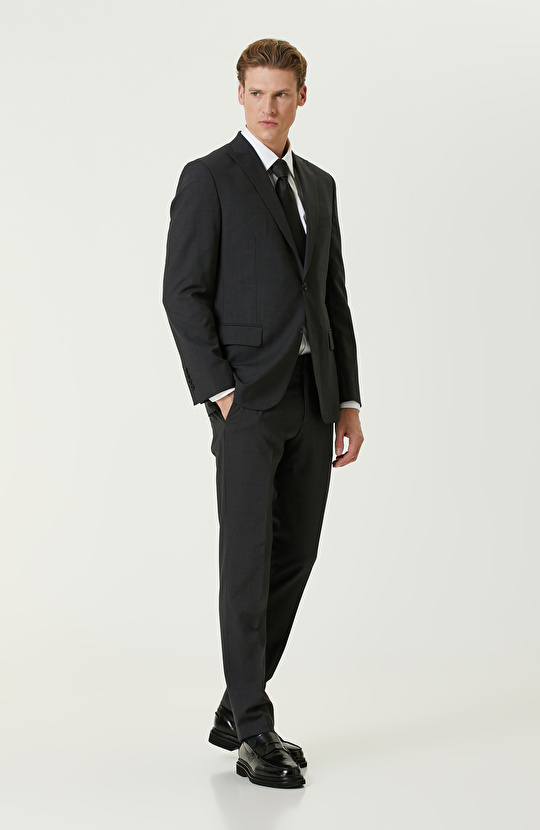 Antrasit Yün Karışımlı Piklapel Yaka Takım Elbise