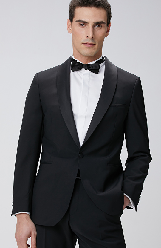 Siyah Yün Karışımlı Smokin Takım Elbise