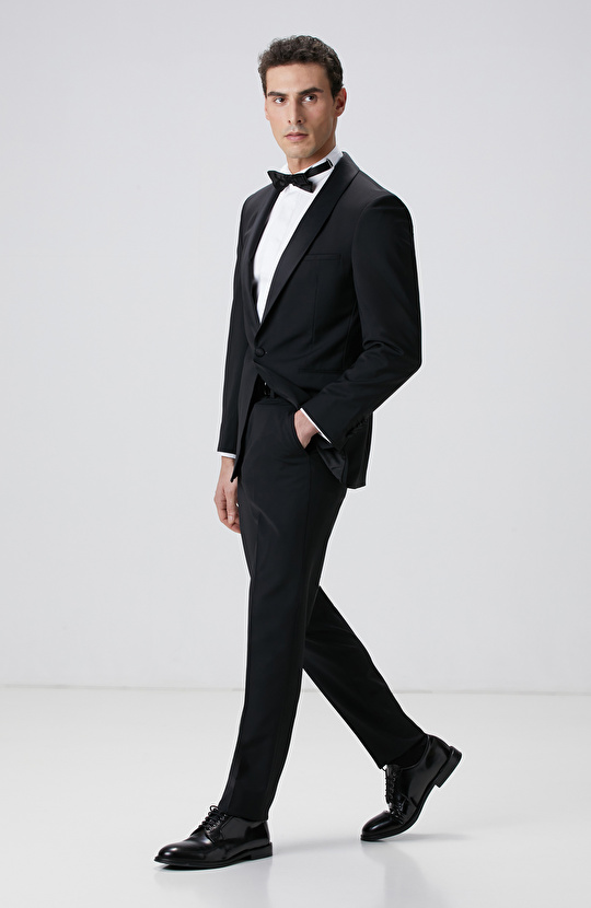 Siyah Yün Karışımlı Smokin Takım Elbise