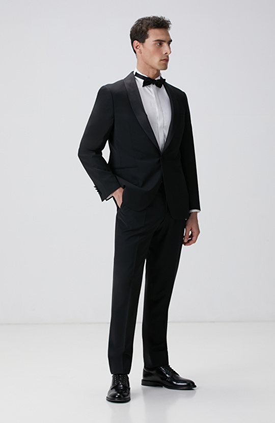 Siyah Yün Karışımlı Smokin Takım Elbise