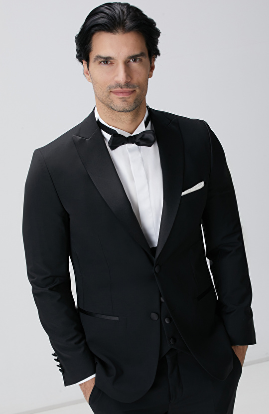 Siyah Yün Karışımlı Smokin Takım Elbise