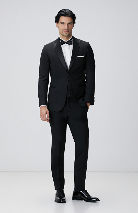 Siyah Yün Karışımlı Smokin Takım Elbise