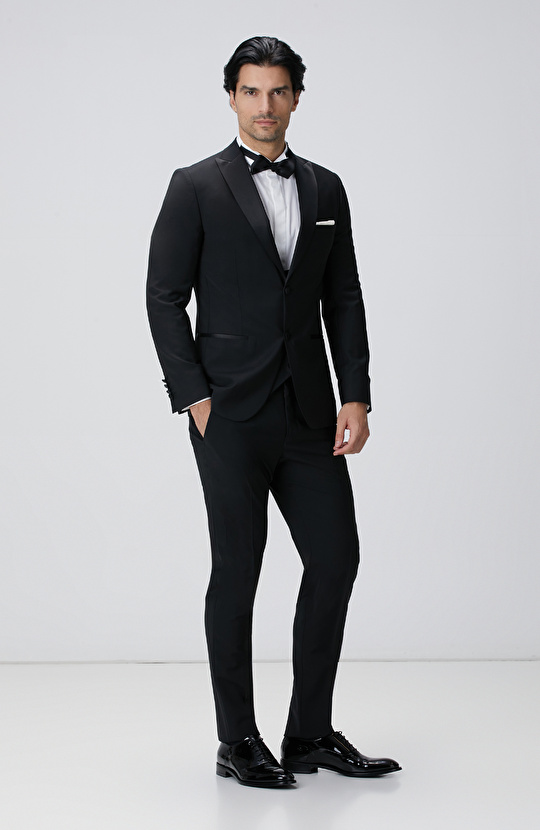 Siyah Yün Karışımlı Smokin Takım Elbise