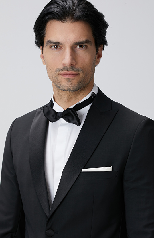 Siyah Yün Karışımlı Smokin Takım Elbise