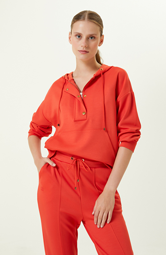 Kiremit Çıtçıt ve Fermuar Detaylı Sweatshirt