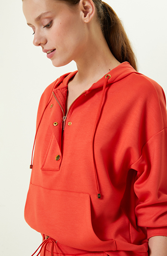 Kiremit Çıtçıt ve Fermuar Detaylı Sweatshirt