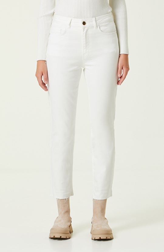 Beyaz Yüksek Bel Denim Pantolon