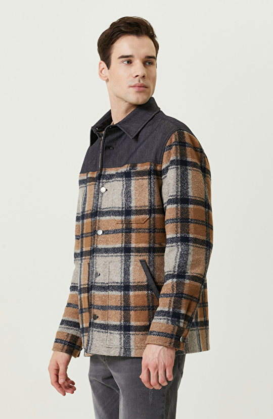 İndigo Gömlek Yaka Ekose Mont