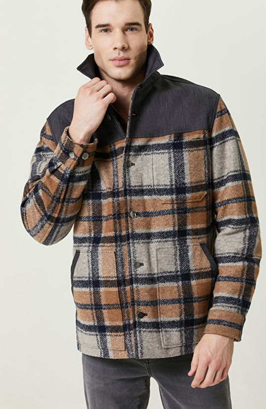 İndigo Gömlek Yaka Ekose Mont