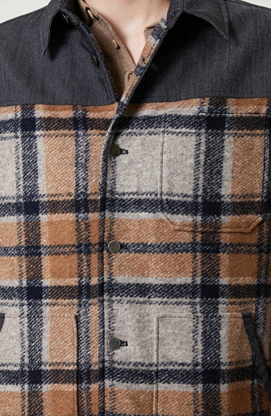 İndigo Gömlek Yaka Ekose Mont