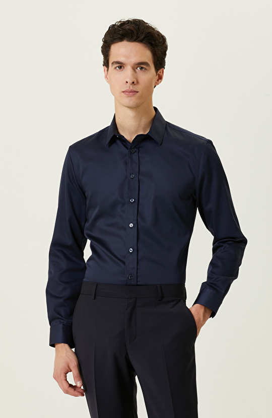 Lacivert Non-Iron Saten Gömlek