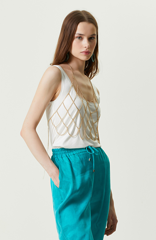 Ekru Kare Yaka Askılı T-shirt