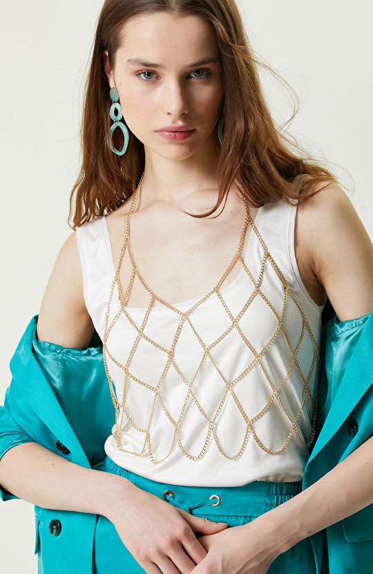 Ekru Kare Yaka Askılı T-shirt