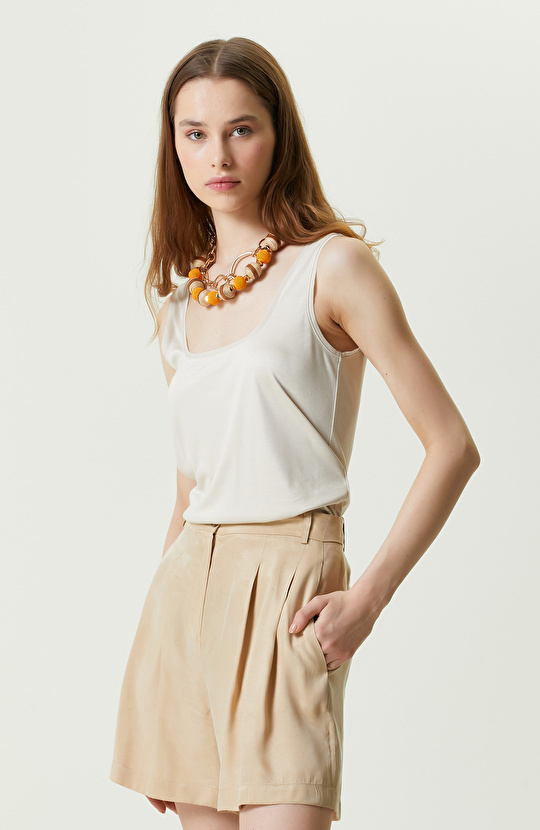 Taş Rengi Kare Yaka Askılı T-shirt