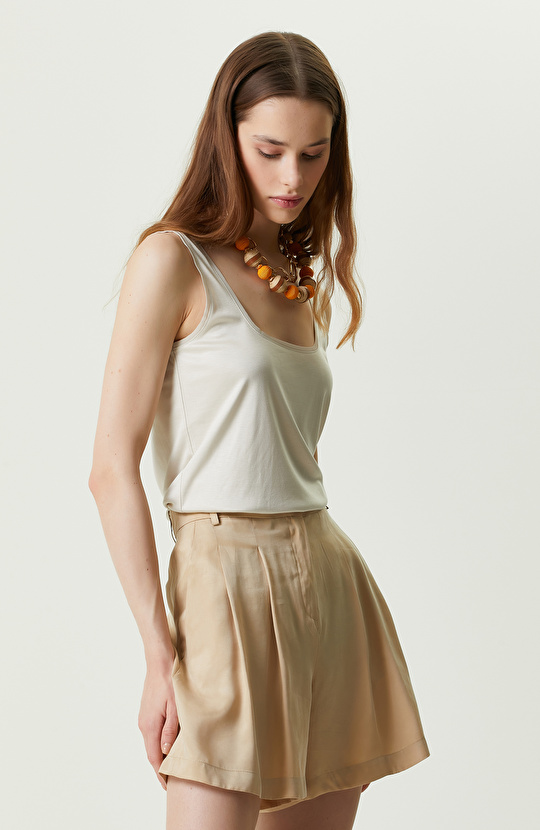 Taş Rengi Kare Yaka Askılı T-shirt