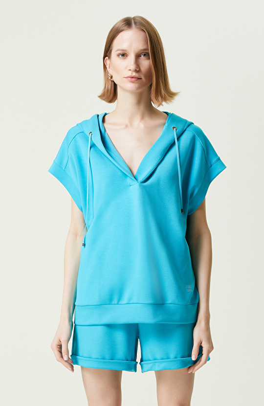 Düz Turkuaz Kısa Kollu Sweatshirt