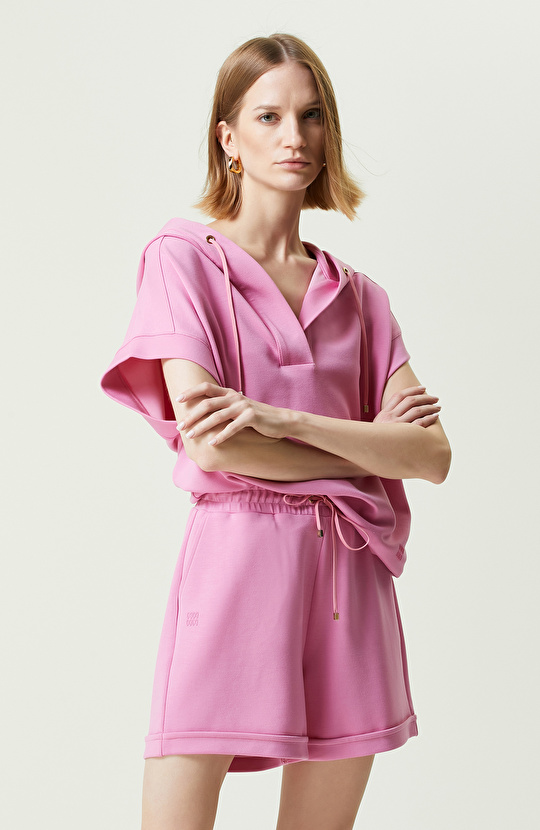 Pembe Kısa Kollu Kapüşonlu Sweatshirt