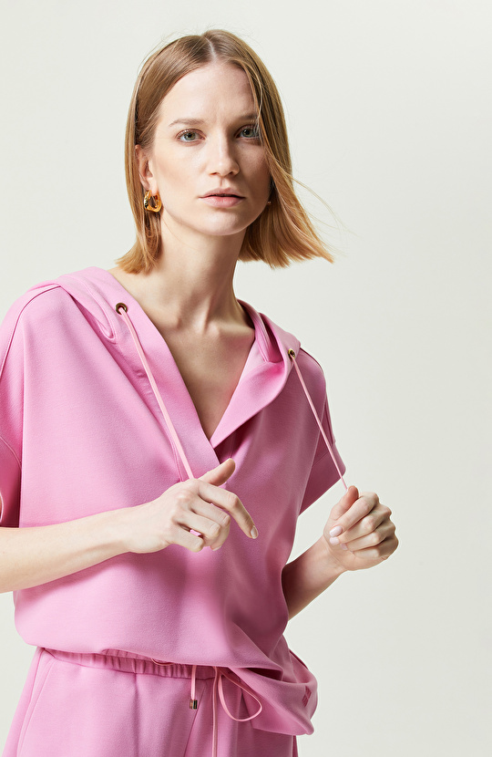 Pembe Kısa Kollu Kapüşonlu Sweatshirt