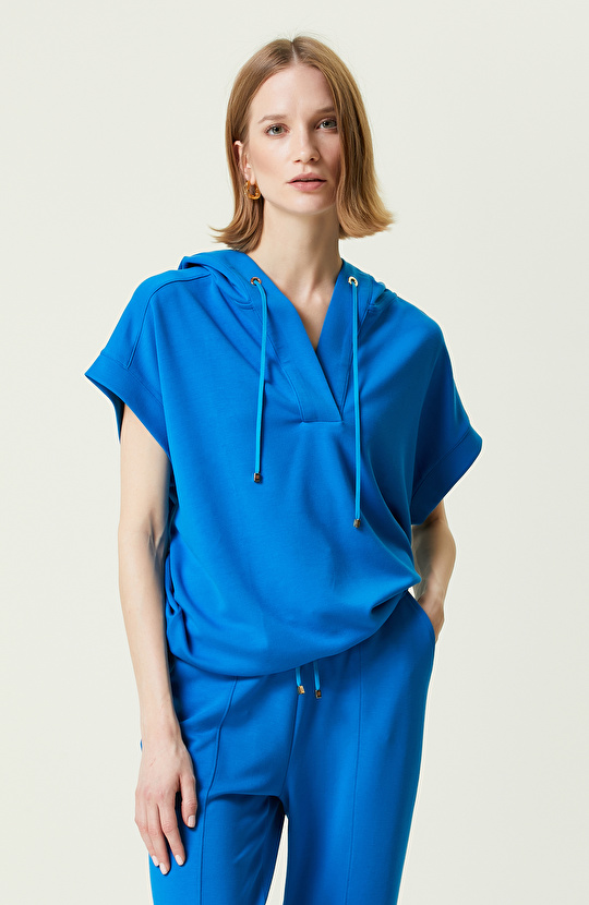 Saks Mavisi Kısa Kollu Kapüşonlu Sweatshirt