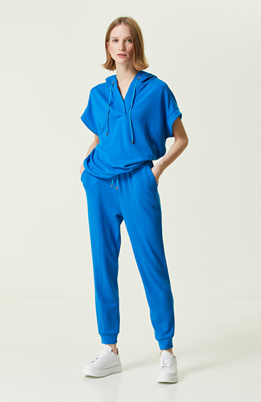 Saks Mavisi Kısa Kollu Kapüşonlu Sweatshirt