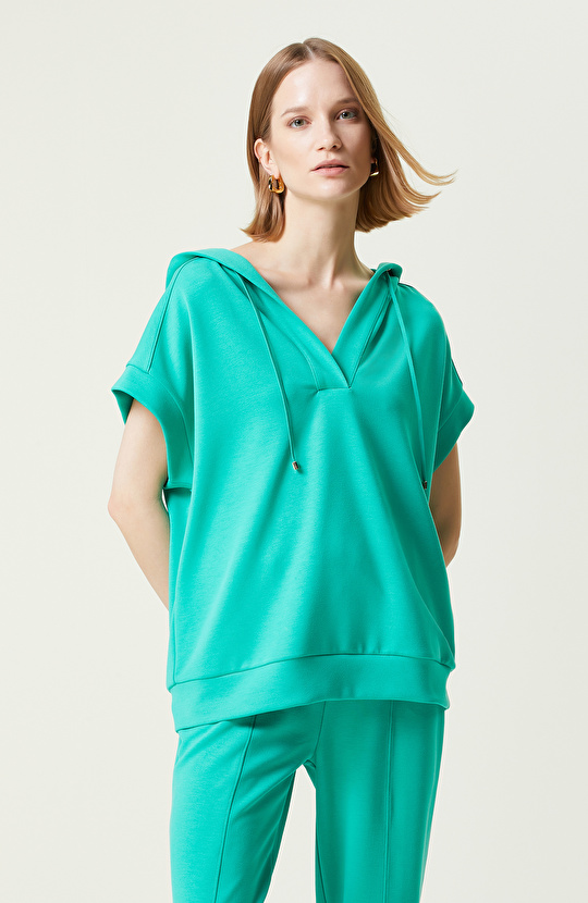 Yeşil Kısa Kollu Kapüşonlu Sweatshirt