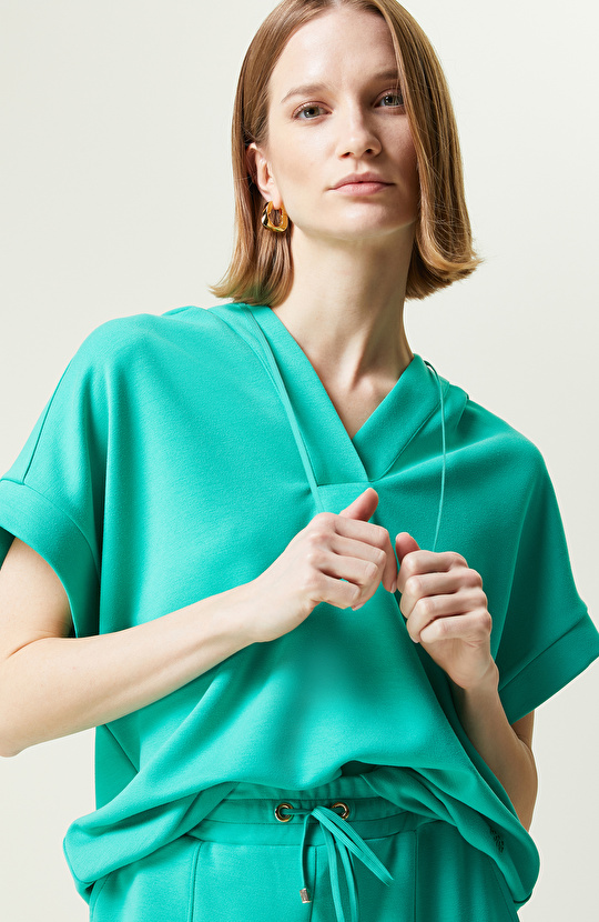 Yeşil Kısa Kollu Kapüşonlu Sweatshirt