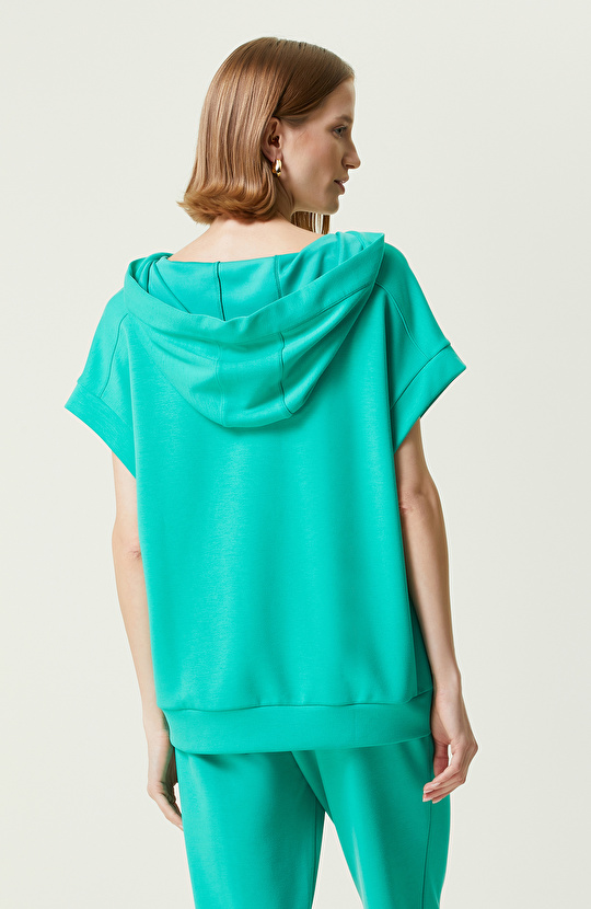 Yeşil Kısa Kollu Kapüşonlu Sweatshirt