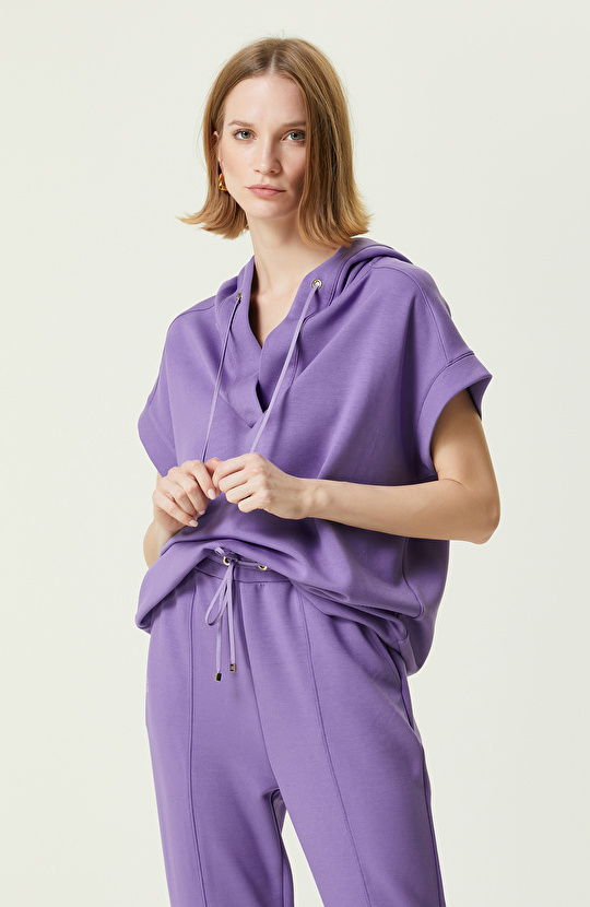 Mor Kısa Kollu Kapüşonlu Sweatshirt