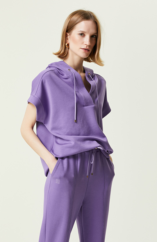 Mor Kısa Kollu Kapüşonlu Sweatshirt