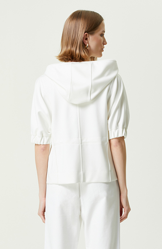 Ekru Kapüşonlu Kısa Kollu Ceket