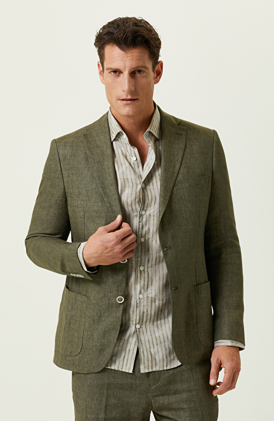 Haki Keten Blazer Ceket